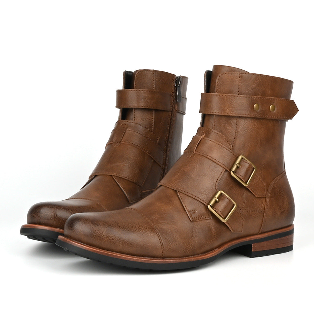Mens Minimalist Vintage Metal-buckle Side-zip Low-heeled Denim Boots