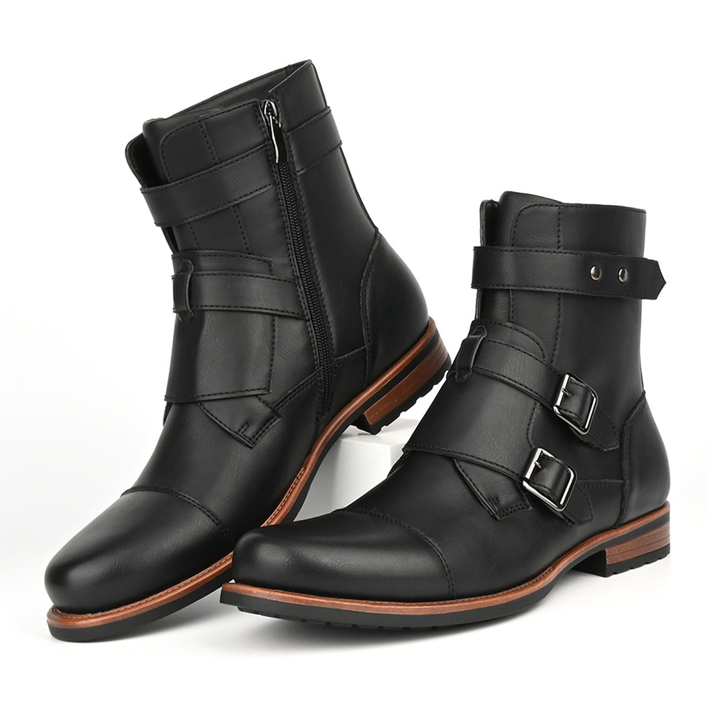 Mens Minimalist Vintage Metal-buckle Side-zip Low-heeled Denim Boots
