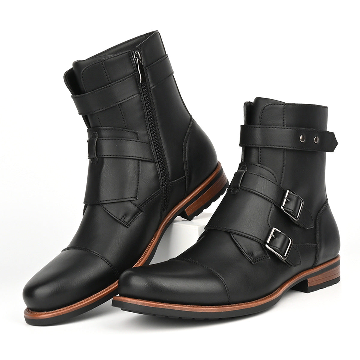 Mens Minimalist Vintage Metal-buckle Side-zip Low-heeled Denim Boots
