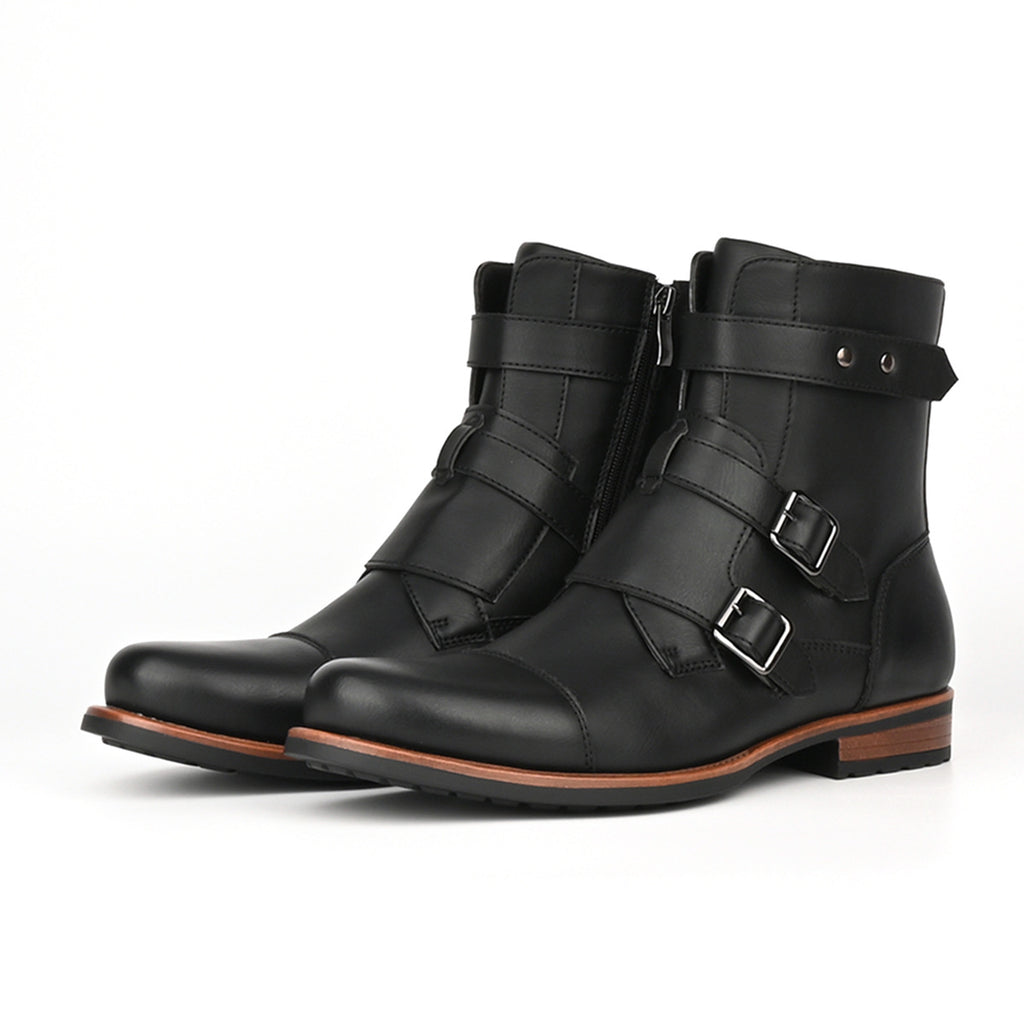 Mens Minimalist Vintage Metal-buckle Side-zip Low-heeled Denim Boots