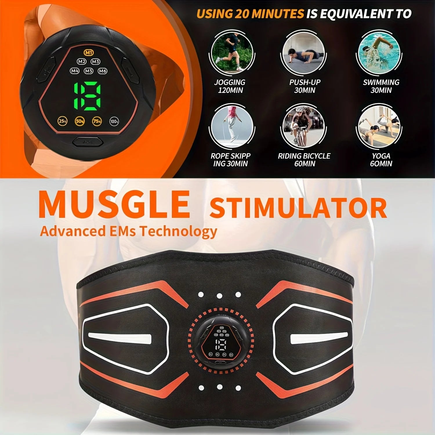 EMS Abdominal Toning Belt Electric Muscle Massager 1 Main Unit + 1 Abdomen Abdominal Muscle Patch Waist Trainer Body Slimming Shaping Portable Fitness Massager