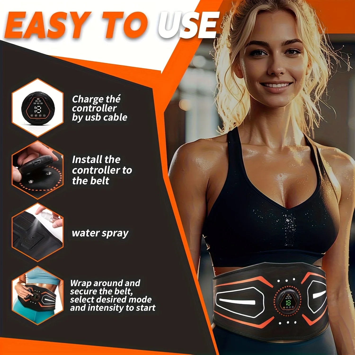 EMS Abdominal Toning Belt Electric Muscle Massager 1 Main Unit + 1 Abdomen Abdominal Muscle Patch Waist Trainer Body Slimming Shaping Portable Fitness Massager