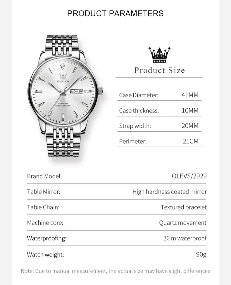 OLEVS 2929 Men Quartz Watch Original Waterproof Business Man Wristwatch Steel Strap Dual Calendar Luminous Fashion Watch For Men