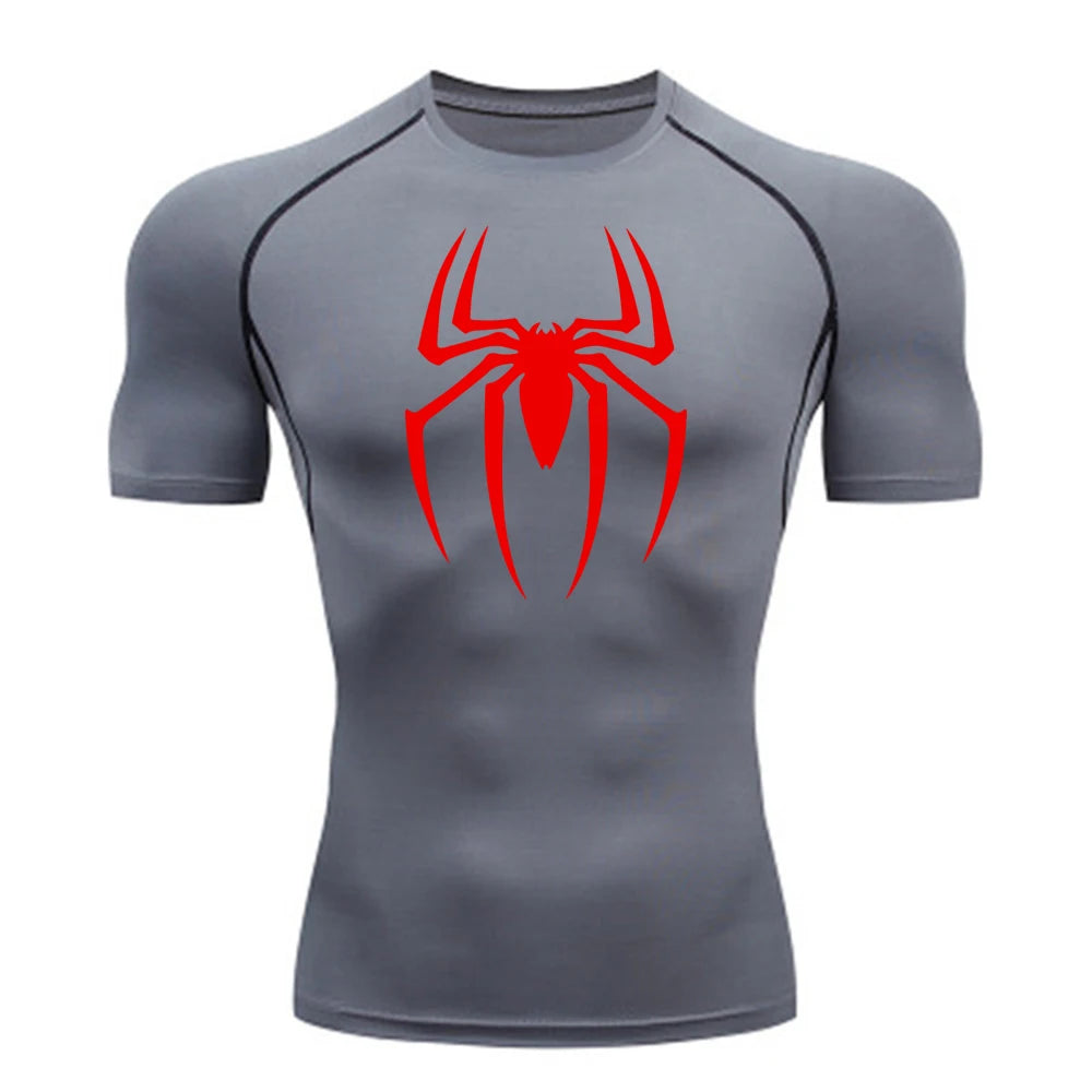 2025 Men's Spider Print Compression Shirt, Quick Dry T-Shirt, Gym Running Jersey, Breathable Short Sleeve, Spring, Summer, S-3XL