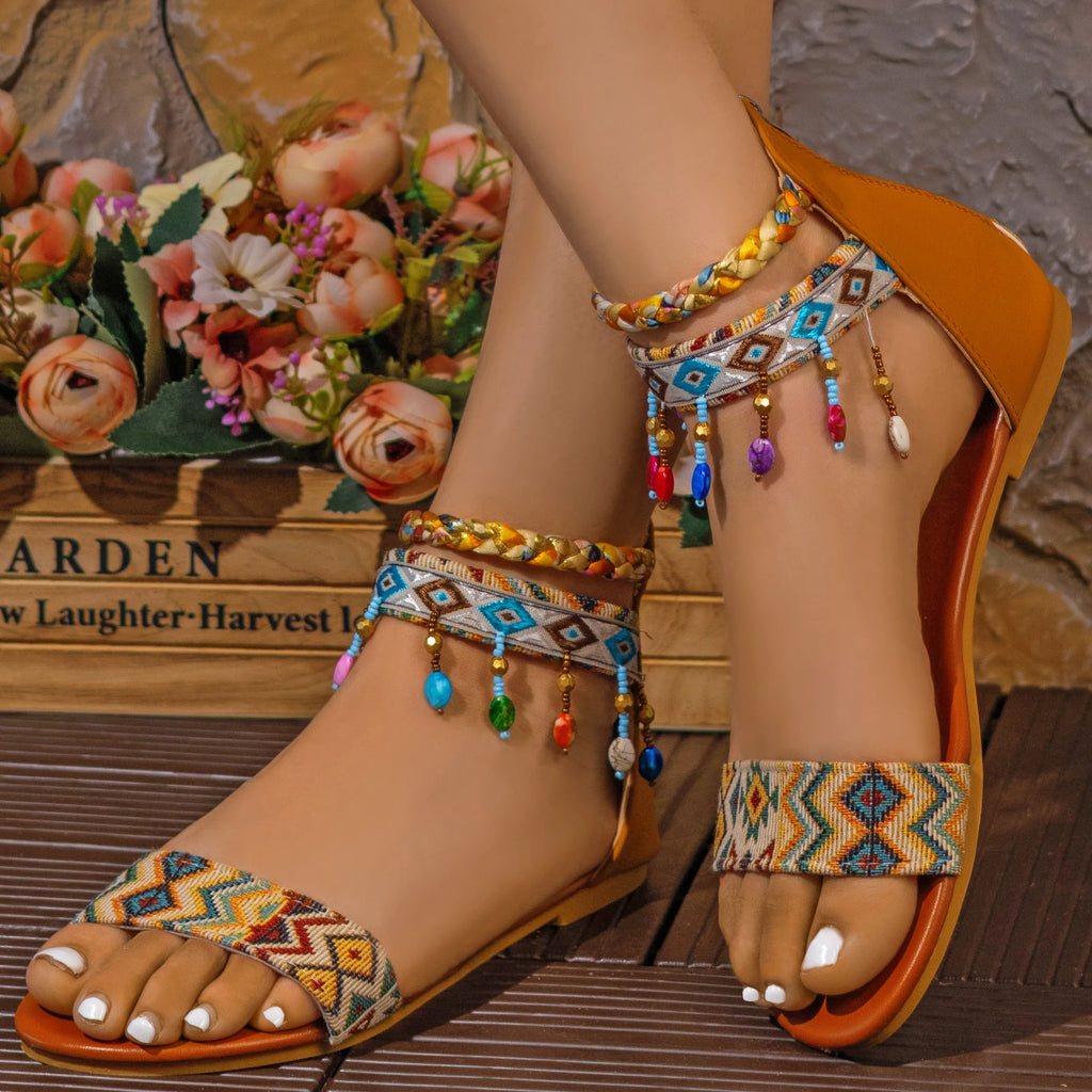 New Ethnic Style Roman Sandals, Handmade Beaded, Back Zipper, Bohemian Flat Shoes