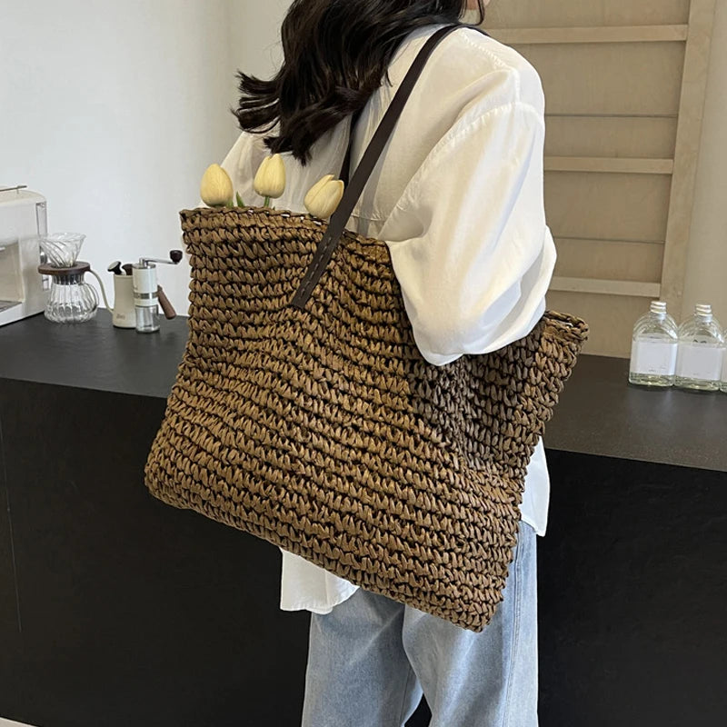 Straw Woven Tote Bags Casual Large Luxury Design Capacity Handbag Beach Shoulder Simple Women's Bag Shopping Summer bolsos