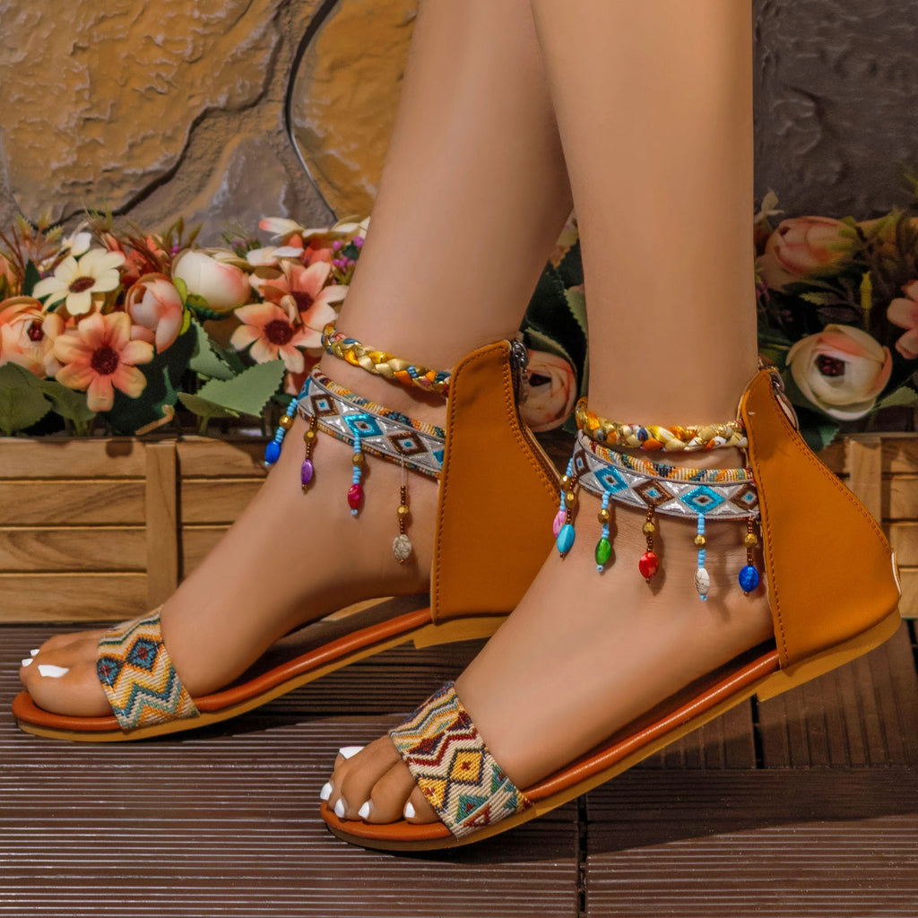 New Ethnic Style Roman Sandals, Handmade Beaded, Back Zipper, Bohemian Flat Shoes