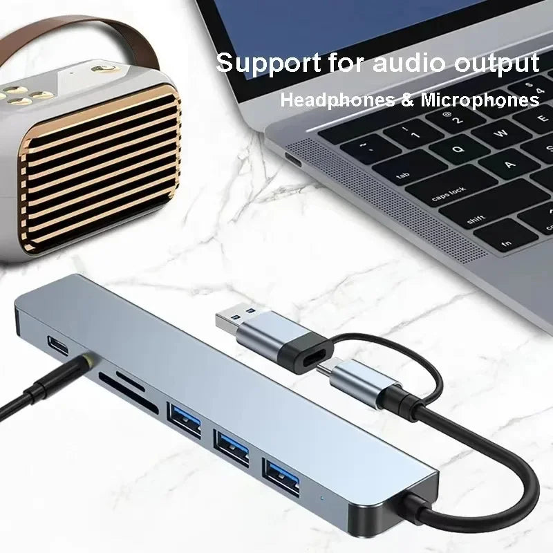 8 In 1 USB Type-C  HUB with Reader Splitter Card USB 3.0 USB 2.0 SD/TF Splitter Card Reader Docking Station for HUAWEI Xiaomi PC