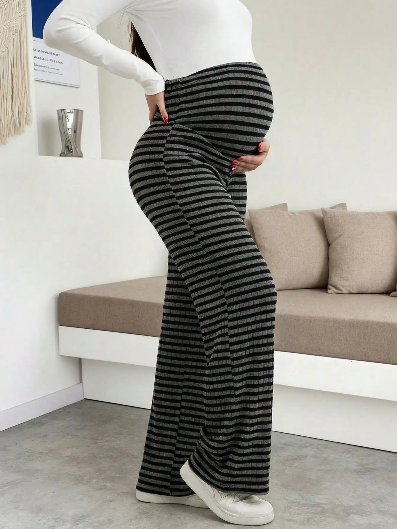 Maternity Women's Striped Ribbed Wide Leg Over Bump Jeans for Casual Daily and Lounge Wear