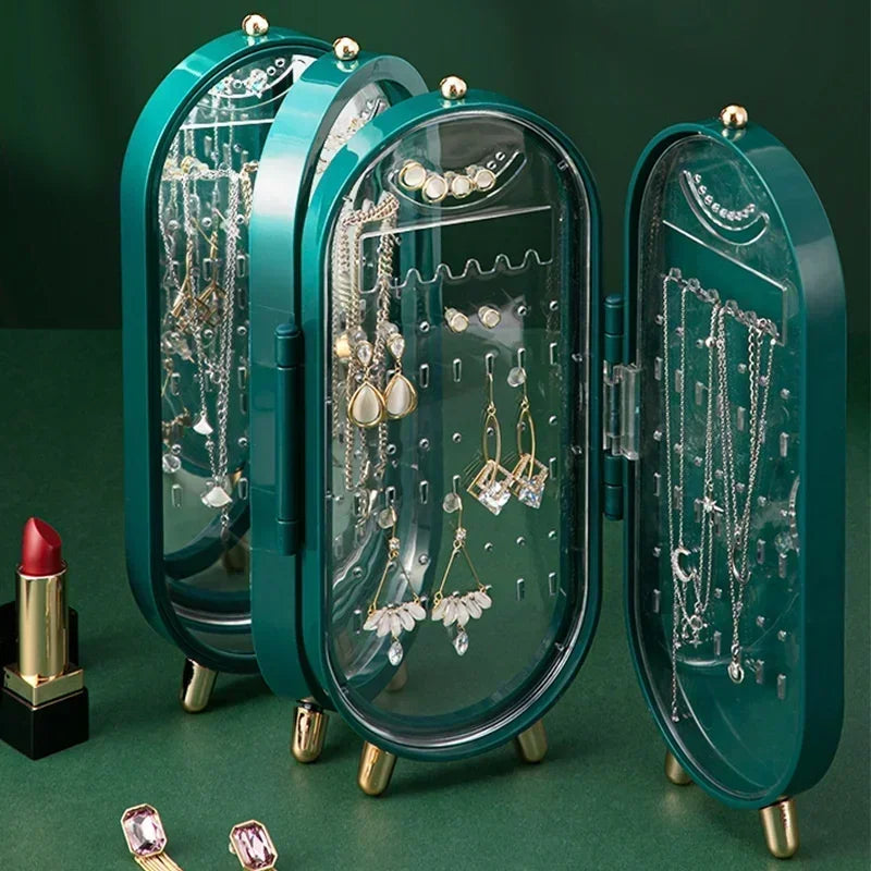 Vintage Elegant Foldable Jewelry Organizer Box - Multi-Layer with Mirror Green & Gold Accents Necklace Earring Storage Case