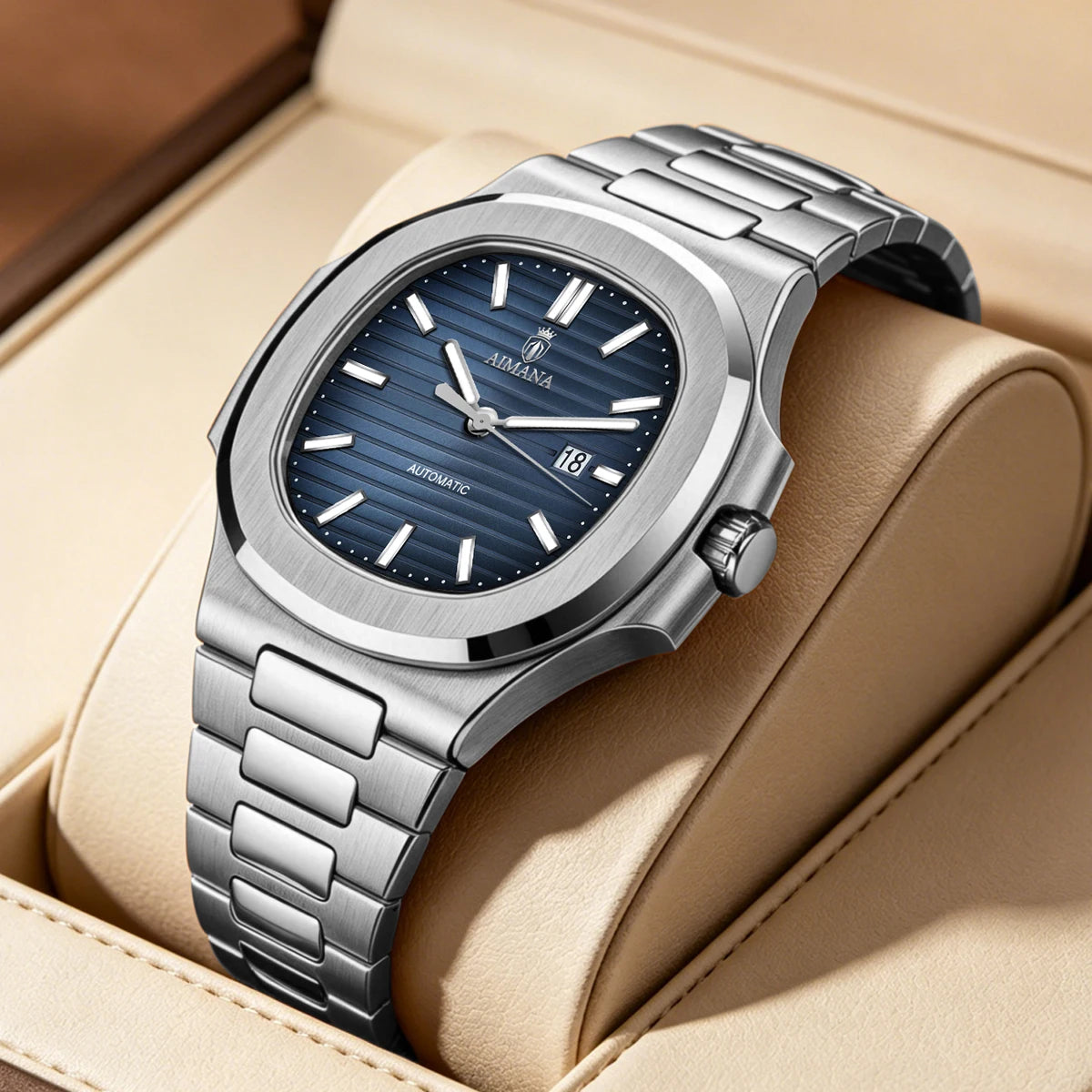 Luxury AIMANA Mens Automatic Watch Stainless Steel Strap Waterproof Luminous Date Calendar Rose Gold Nautilus Style Business Cas