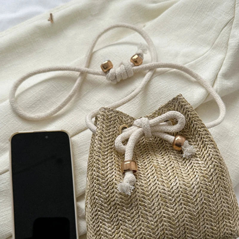 Straw Bags Cute Handbag Summer Beach Crossbody Purse Women Small Straw Crossbody Purse Adjustable Strap with Drawstring