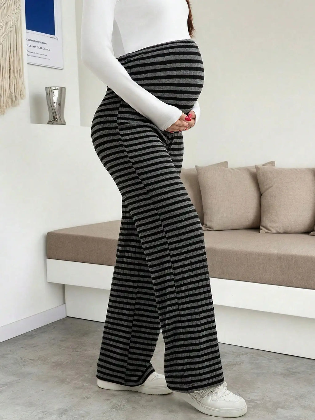 Maternity Women's Striped Ribbed Wide Leg Over Bump Jeans for Casual Daily and Lounge Wear