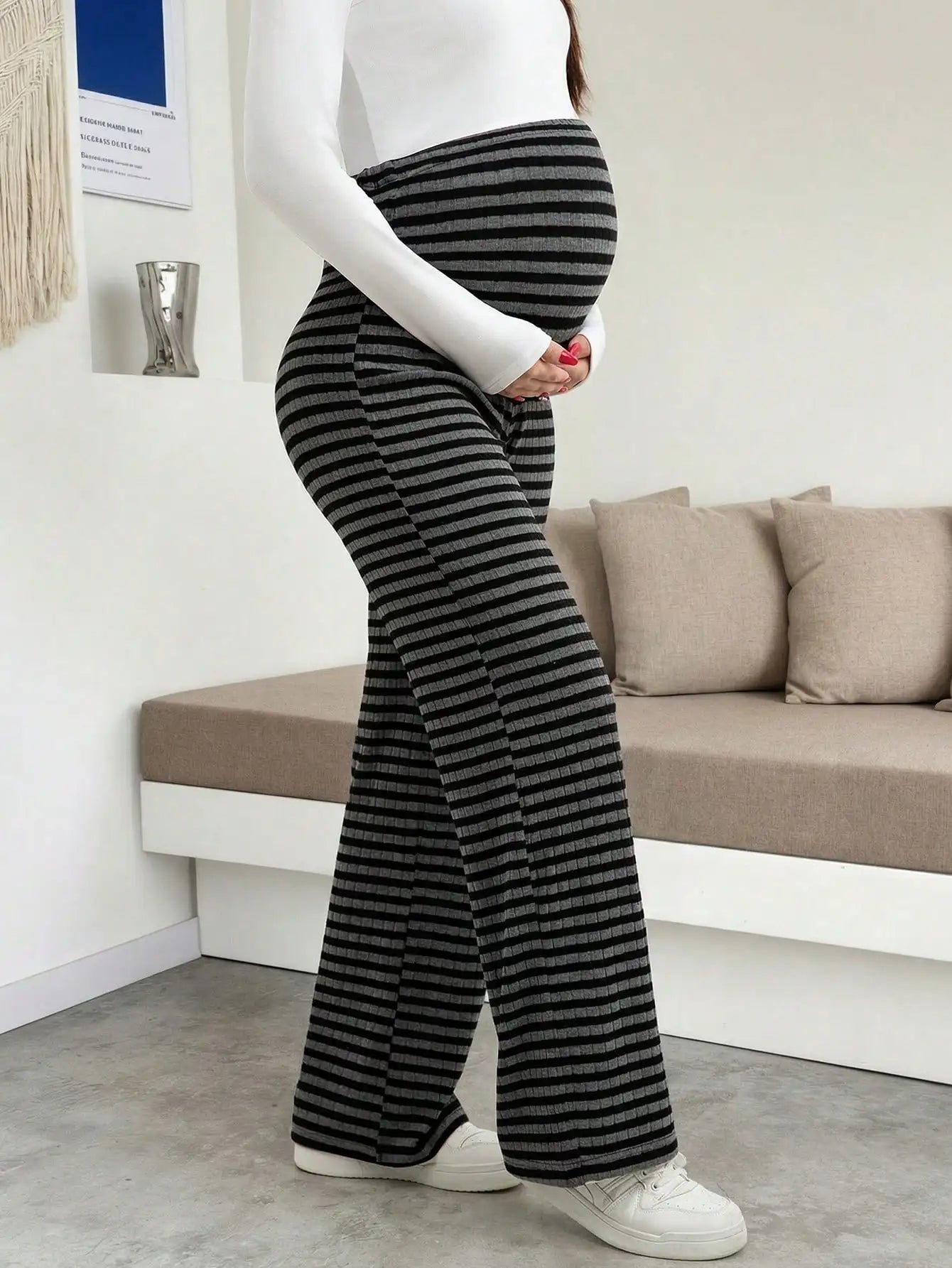 Maternity Women's Striped Ribbed Wide Leg Over Bump Jeans for Casual Daily and Lounge Wear