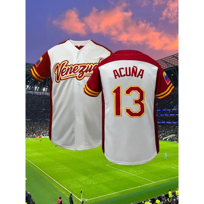 Men's #13 Venezuela Color Block Baseball Jersey Classic Retro Letter Embroidery Breathable Sportswear Short Sleeve T-Shirt