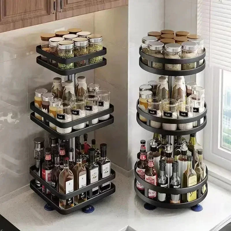 Non-Skid 360°Rotation Spice Rack Carbon Steel Organizer Storage Tray For Seasonings Spices Jars Cans Kitchen Utensil Accessories