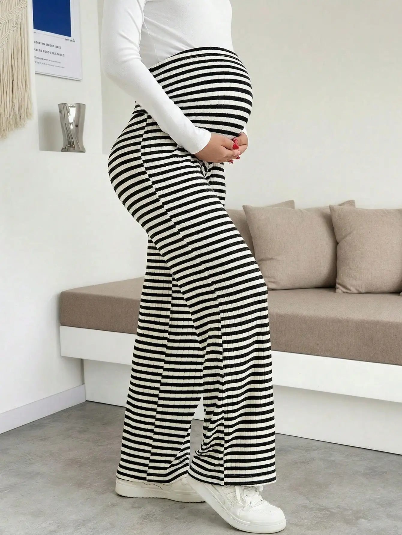 Maternity Women's Striped Ribbed Wide Leg Over Bump Jeans for Casual Daily and Lounge Wear