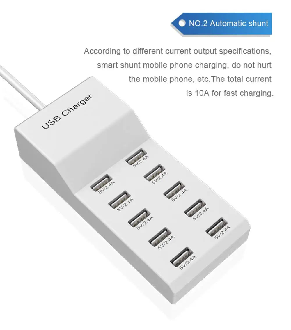 USB Charger 10-Port USB Charging Station for Multi Devices 50W USB Hub Adapter for iPhone Samsung Xiaomi Huawei Extension Socket