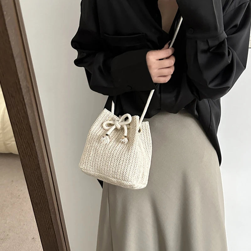 Straw Bags Cute Handbag Summer Beach Crossbody Purse Women Small Straw Crossbody Purse Adjustable Strap with Drawstring