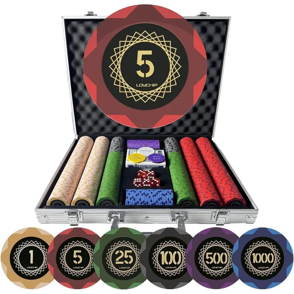 500 Piece Poker Chip Set Texas Holdem Blackjack 14g Heavy Clay Composite Numbered Chips with Case 2 Decks s Dice Dealer Small Bi