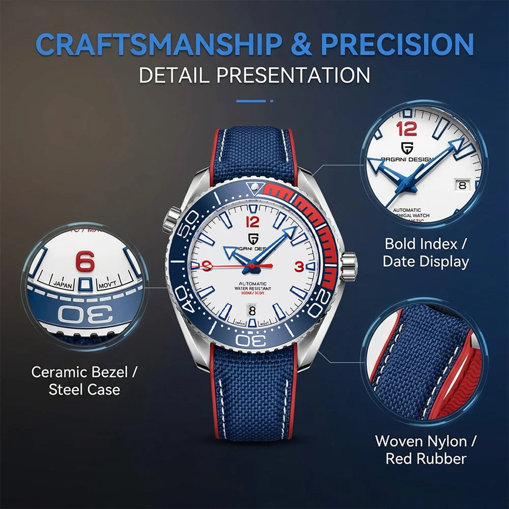 PAGANI DESIGN Men's Mechanical Watch 100M Waterproof Luxury Sapphire Glass Stainless Steel Japanese Movement Automatic Watch