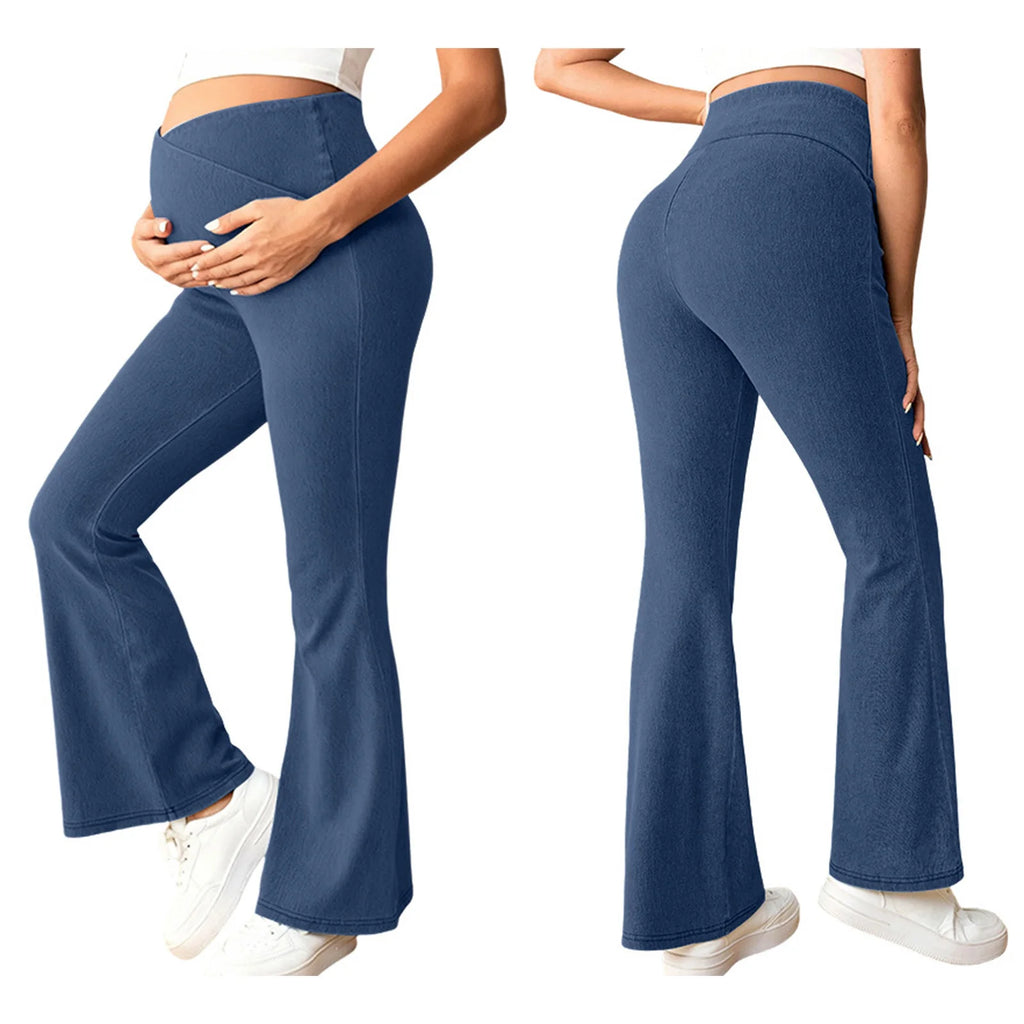 Women's Maternity Flared Jeans Over-the-Belly Stretch Pregnant Bell-Bottom Denim Pants with Pockets Casual Pregnancy Clothes