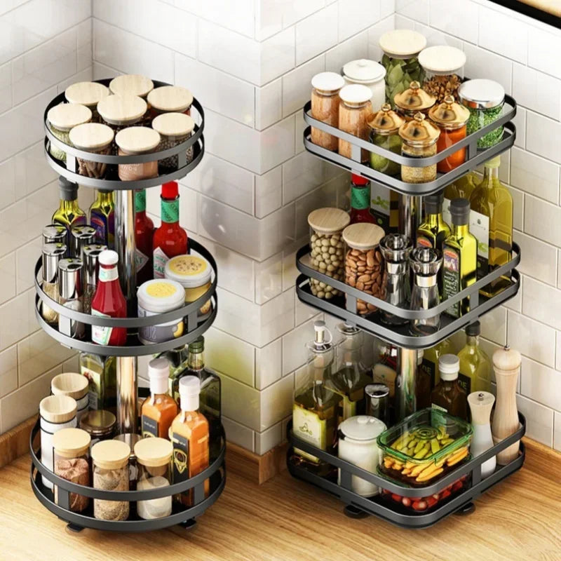 Non-Skid 360°Rotation Spice Rack Carbon Steel Organizer Storage Tray For Seasonings Spices Jars Cans Kitchen Utensil Accessories