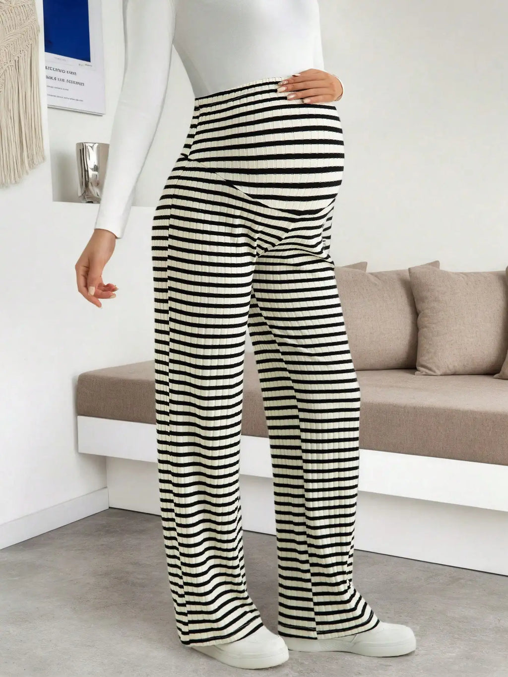 Maternity Women's Striped Ribbed Wide Leg Over Bump Jeans for Casual Daily and Lounge Wear