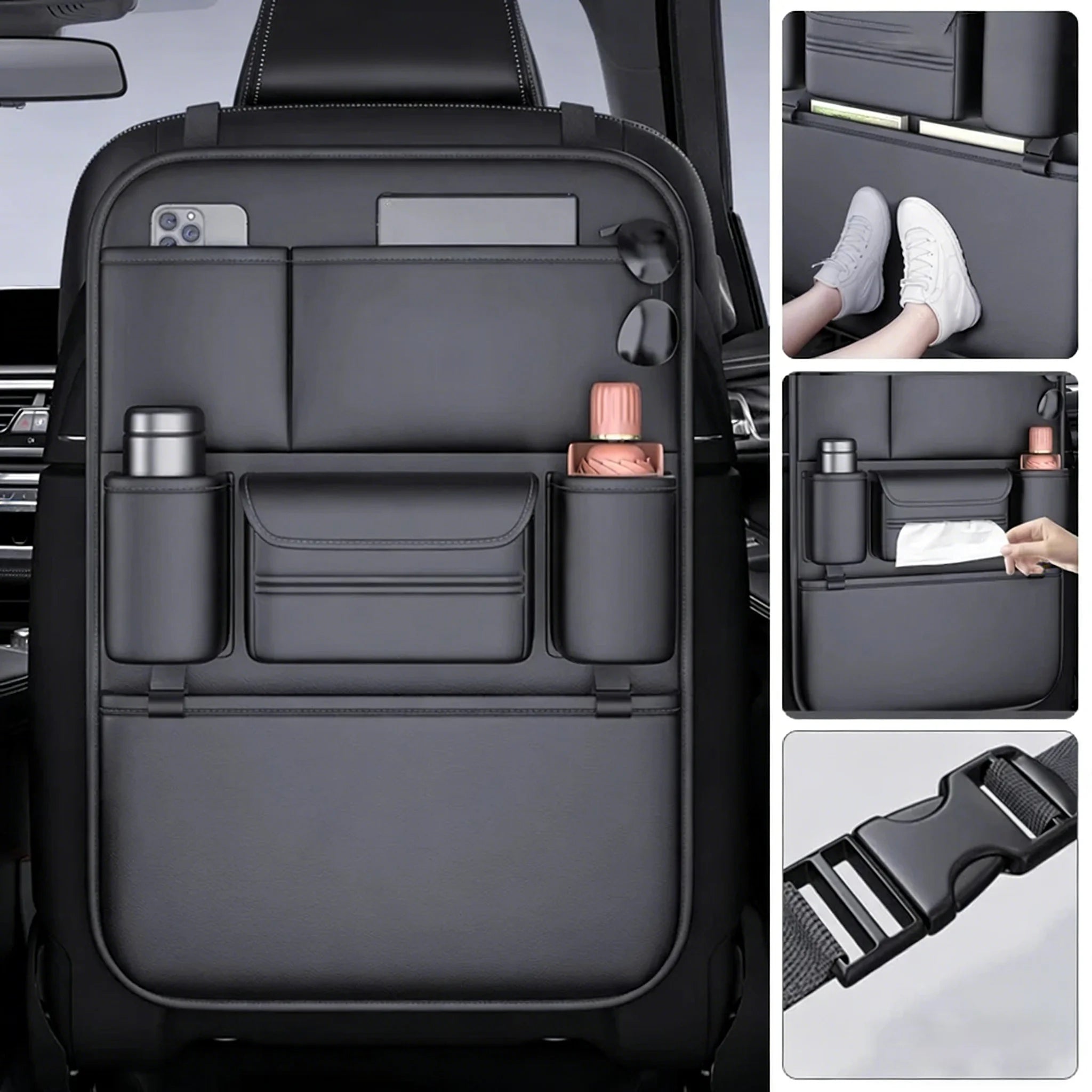 6-Pocket Car Seat Back Storage Bag Wear-Resistant Car Backseat Organizer Tissue/Cup Holder Waterproof Anti-Kick Pad