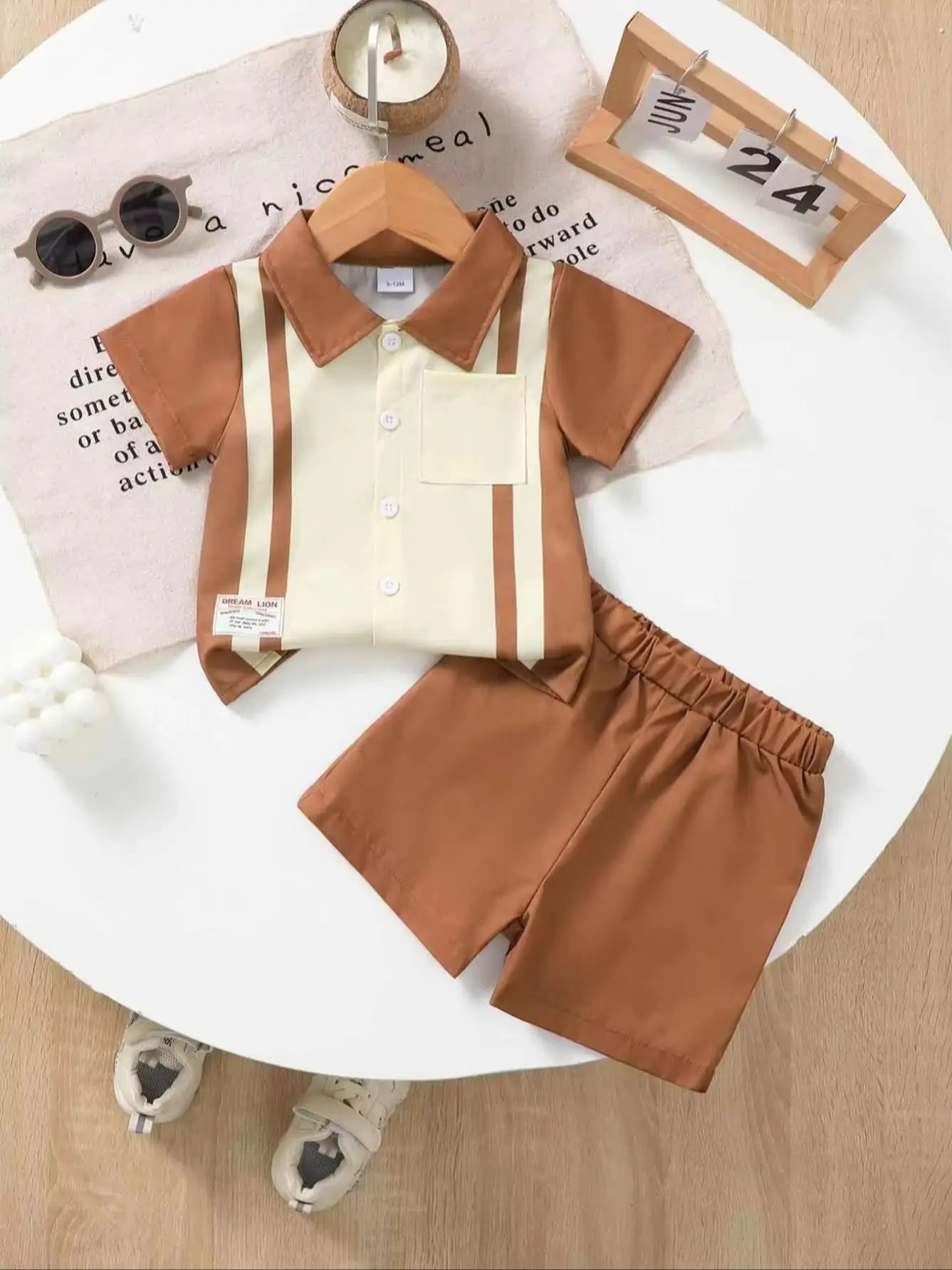 2pcs Baby Boy Summer Striped Patchwork Color Block Collared Short Sleeve Shirt with Pocket Short Pants for Casual Outdoor