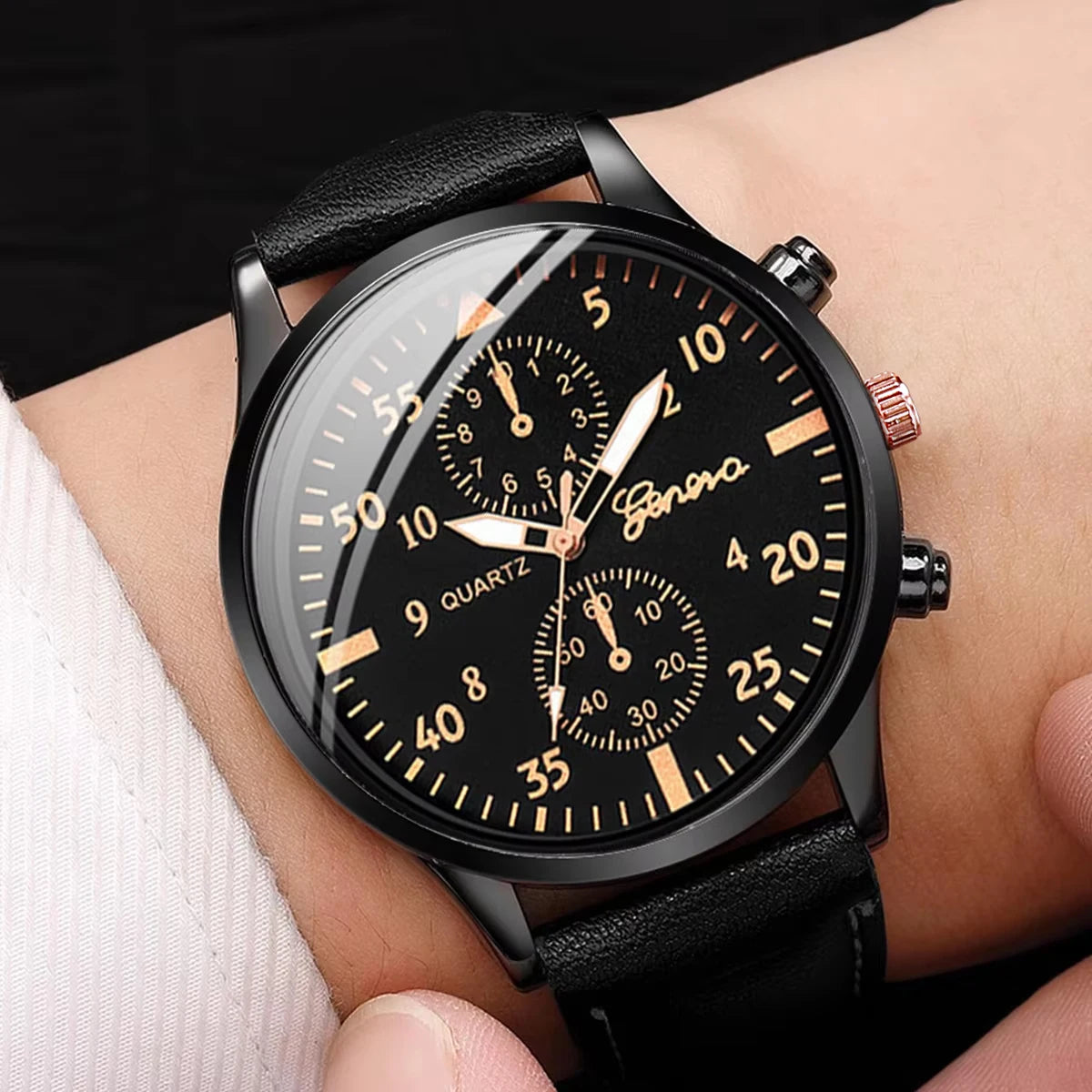 4PCS Men's Business Watches Fashion Leather Band Analog Quartz Watch with Woven Bracelets Set（Without Box）