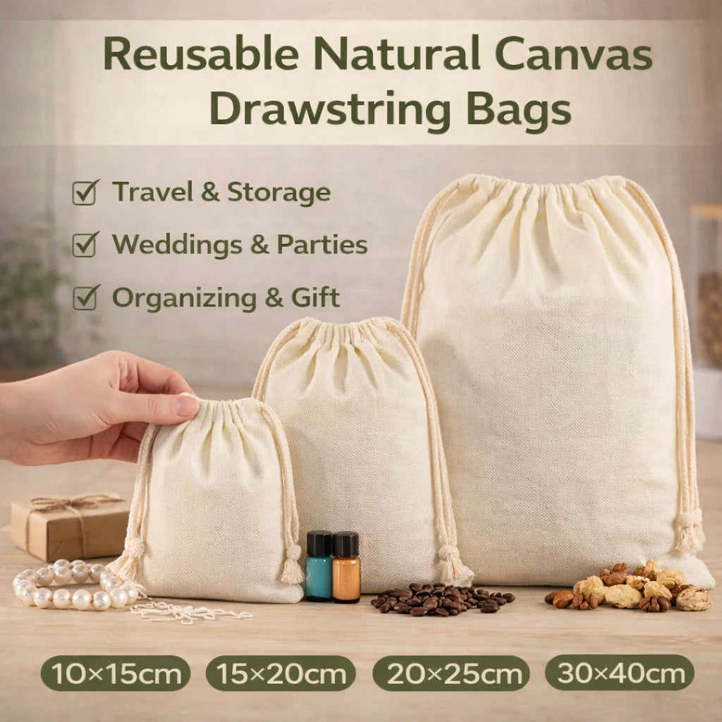 Canvas Drawstring Bags Bulk, 5/10PCS Beige Pouches, 4 Sizes Storage Bags for Gifts, Jewelry, Coffee Beans, Travel & Organization