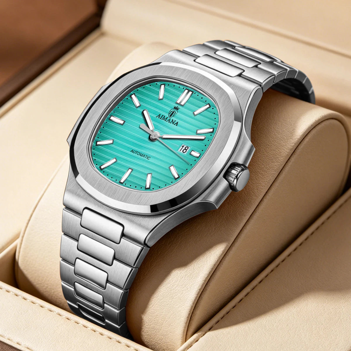 Luxury AIMANA Mens Automatic Watch Stainless Steel Strap Waterproof Luminous Date Calendar Rose Gold Nautilus Style Business Cas