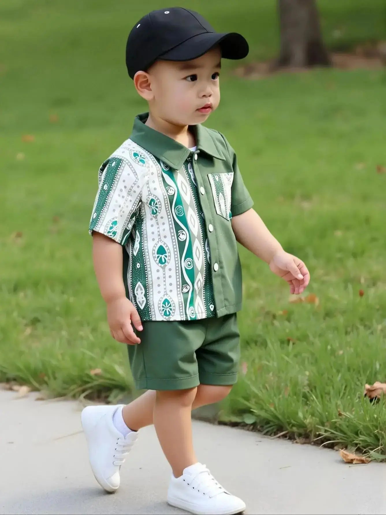 2 pieces of baby boy fashion casual splicing ethnic pattern short-sleeved shirt and shorts set in summer