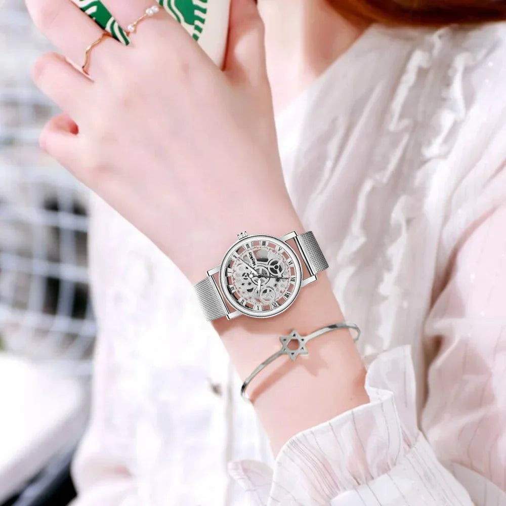 Fashion Top Women Hollow Skeleton Faux Mechanical Watch Ladies Metal Mesh Quartz Wrist Watches For Female Relogio Feminino