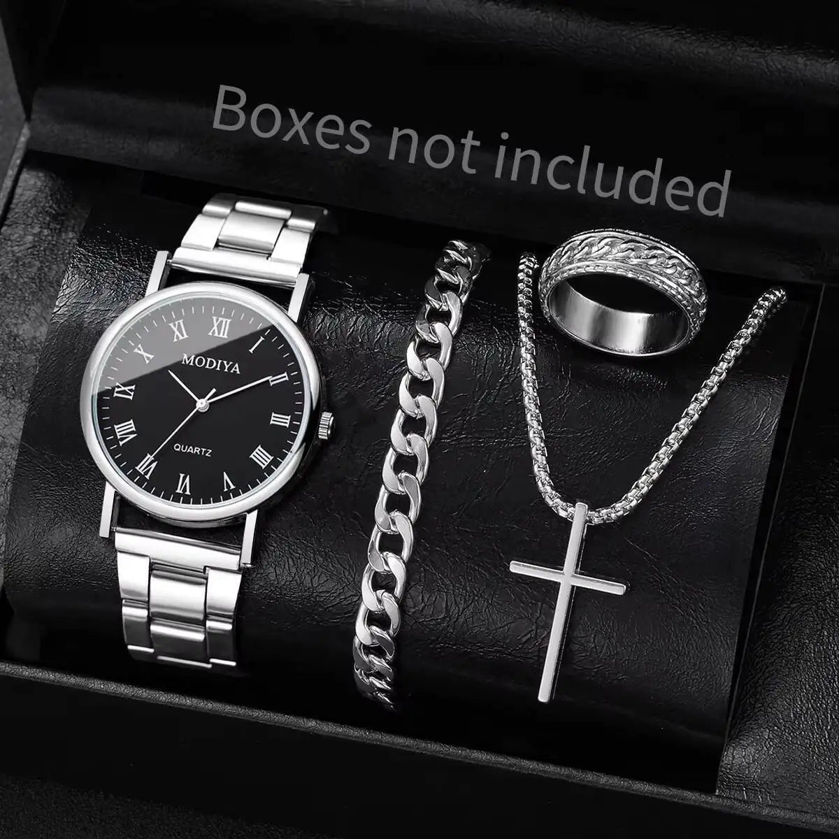 4PCS/Set Fashion Men Business Watches Simple Roma Dial Quartz Wristwatch Jewelry Set Reloj Hombre（Without Box）