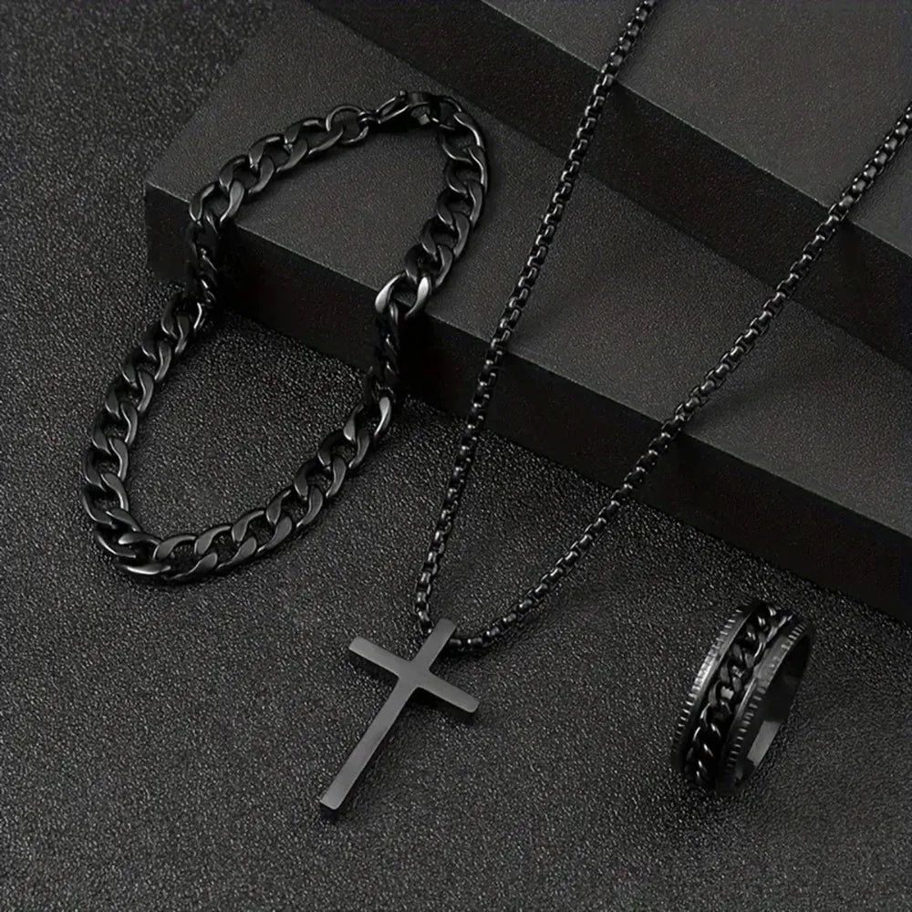 Fashion Alloy Men's Cross Pendant Necklace, Bracelet & Ring Combo Jewelry Set