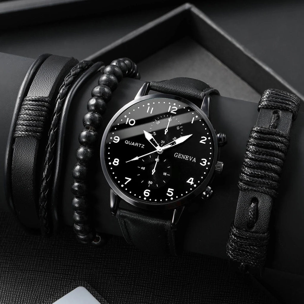 4/5PCS Fashion Men's Watches Man Business Quartz Wristwatch Vintage Leather Bracelets Set Reloj Hombre（Without Box）