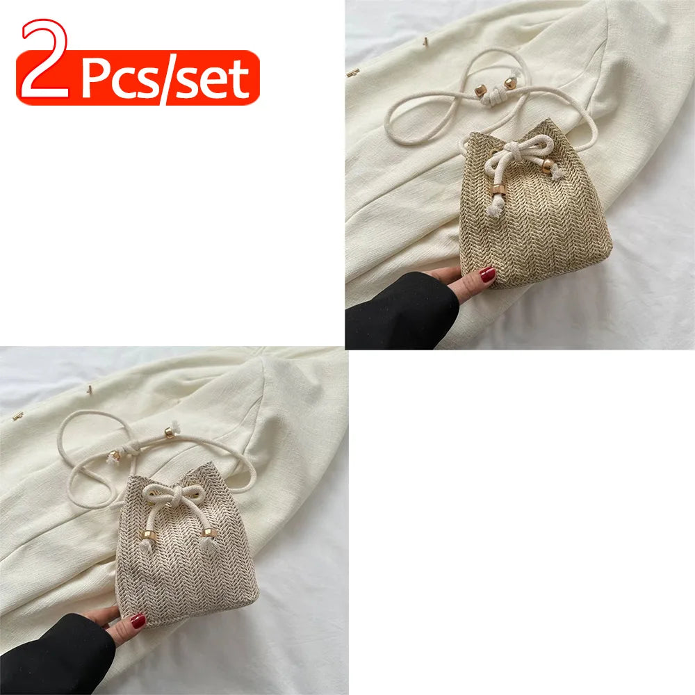 Straw Bags Cute Handbag Summer Beach Crossbody Purse Women Small Straw Crossbody Purse Adjustable Strap with Drawstring