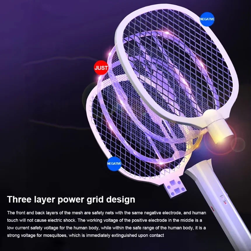 Handheld Electric Fly Swatter 3000V Bug Zapper Racket 2 in 1 Fly Swatter with USB Rechargeable Mosquito Killer Lamp Pest Control