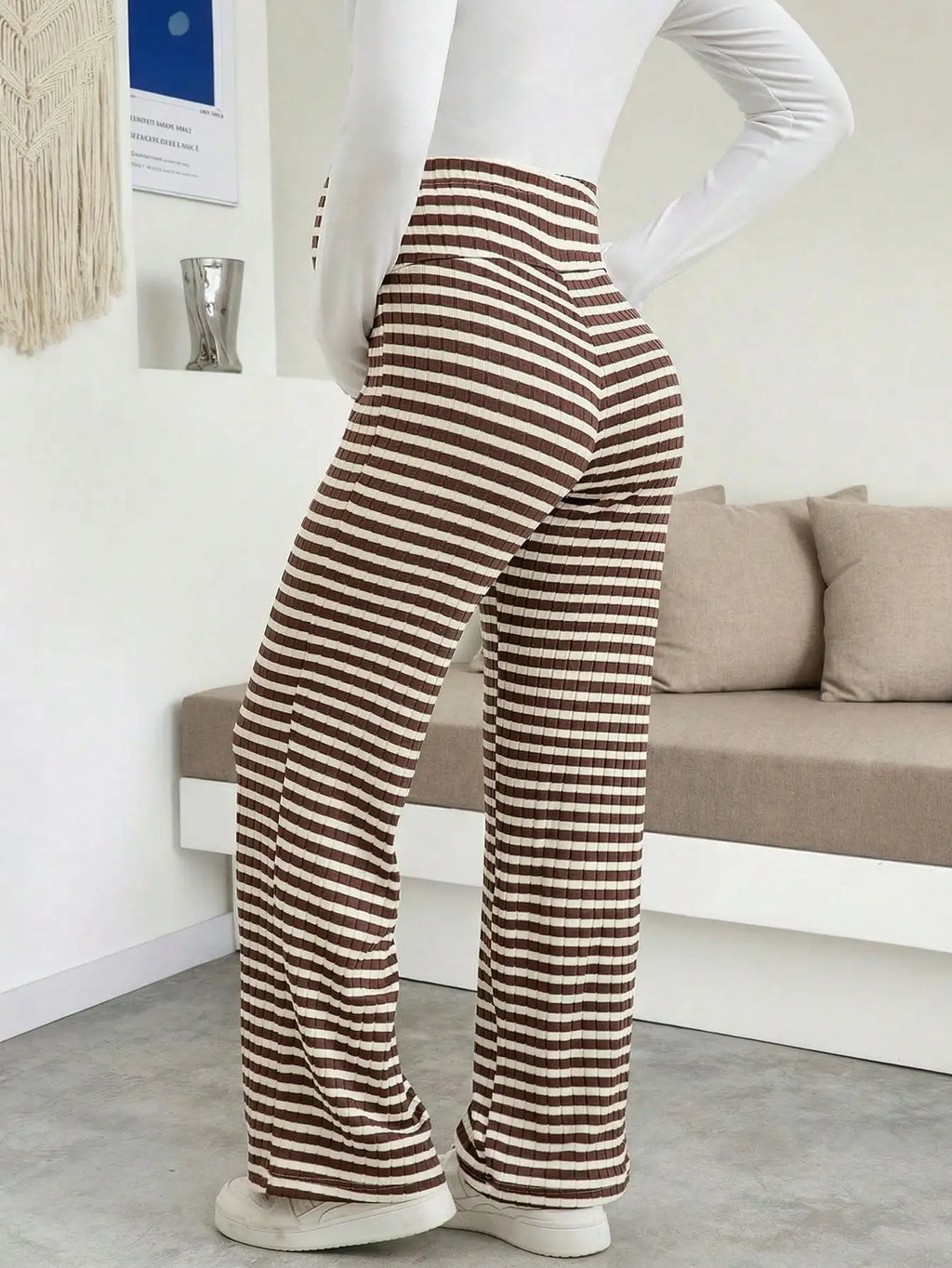 Maternity Women's Striped Ribbed Wide Leg Over Bump Jeans for Casual Daily and Lounge Wear