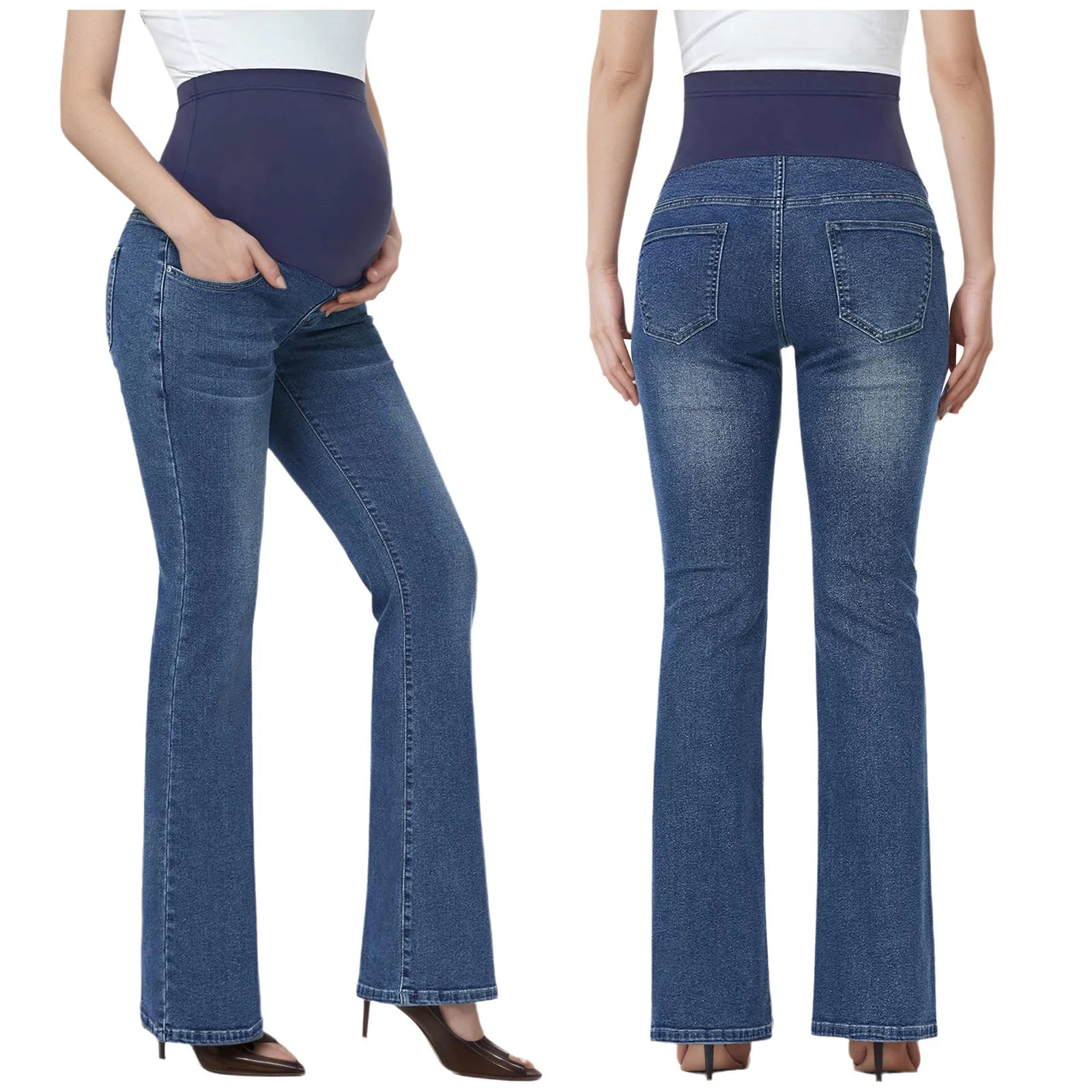 Women's Maternity Flared Jeans Over-the-Belly Stretch Pregnant Bell-Bottom Denim Pants with Pockets Casual Pregnancy Clothes