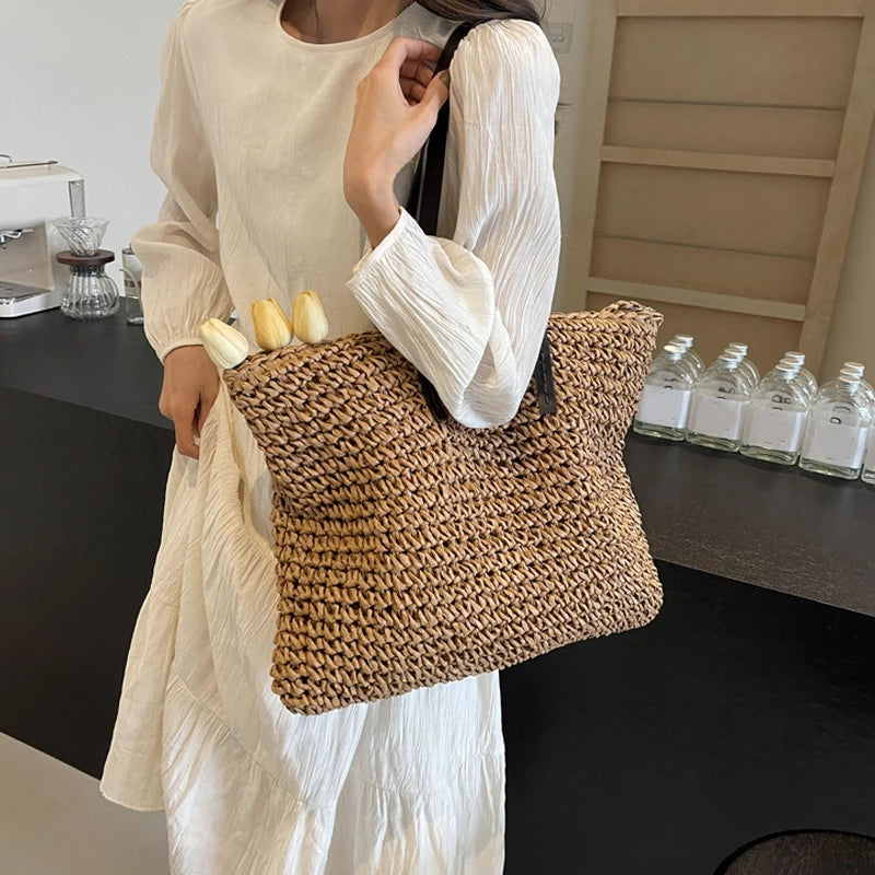 Straw Woven Tote Bags Casual Large Luxury Design Capacity Handbag Beach Shoulder Simple Women's Bag Shopping Summer bolsos