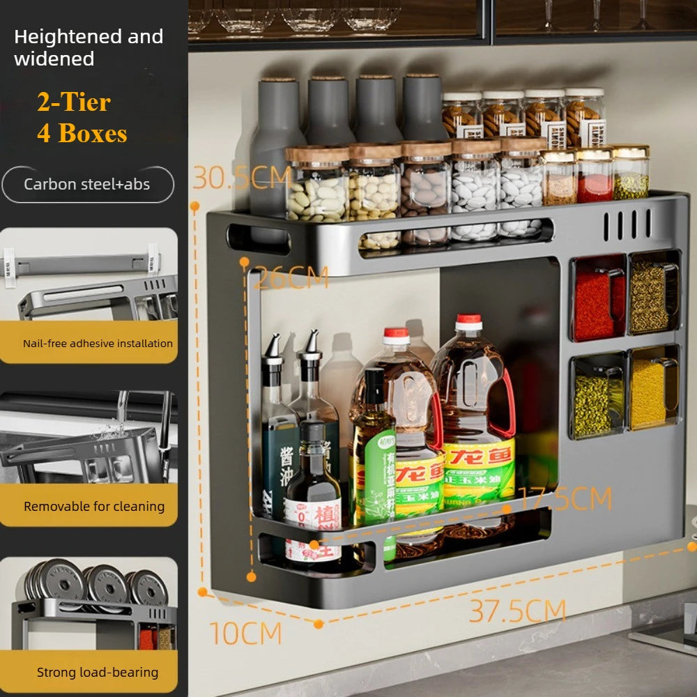 No-Drill Kitchen Multifunctional Seasoning Storage Organizer Wall Mounted Carbon Steel Hanging Rack Pull-Out Spice Jar Holder