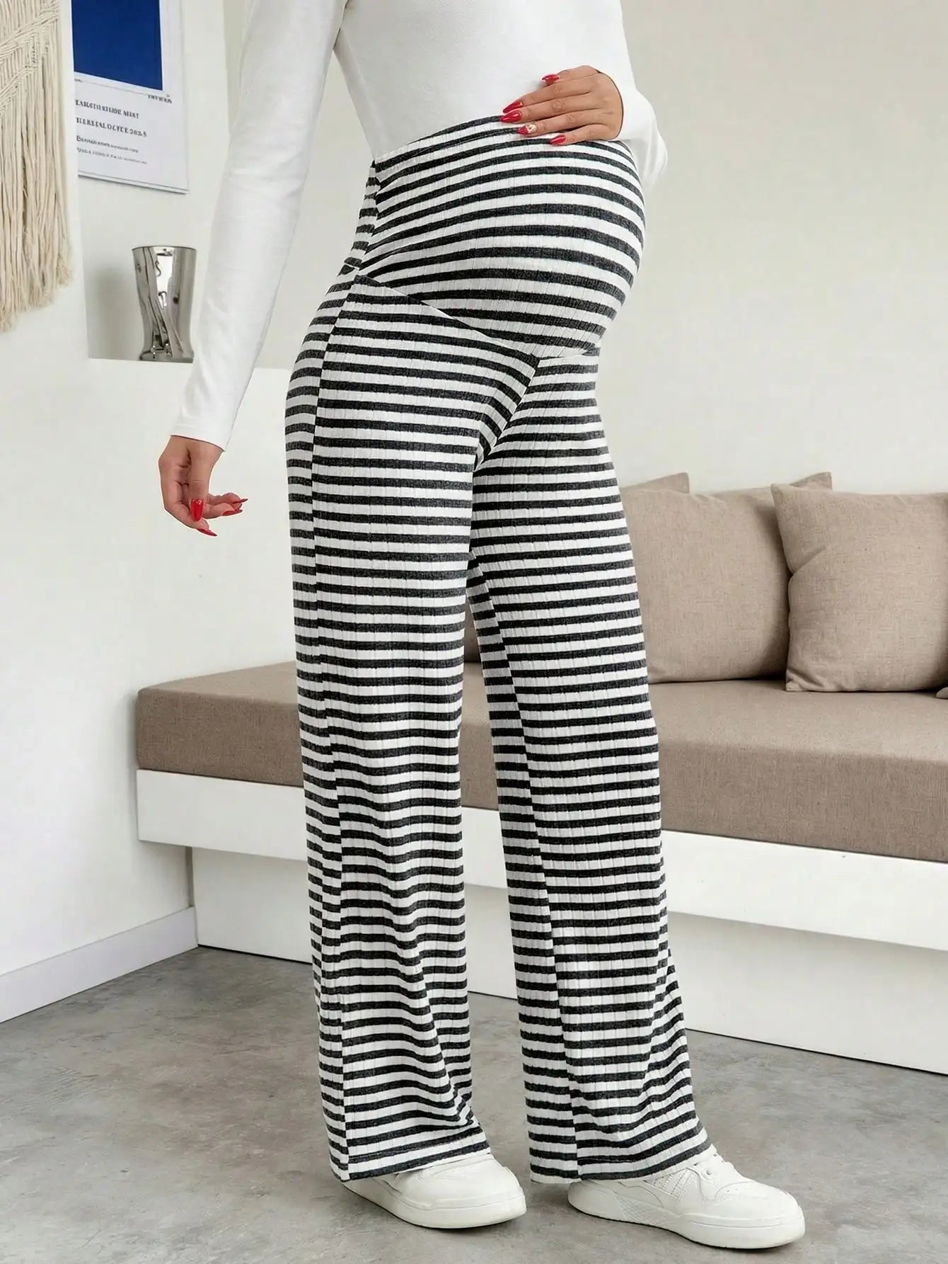 Maternity Women's Striped Ribbed Wide Leg Over Bump Jeans for Casual Daily and Lounge Wear