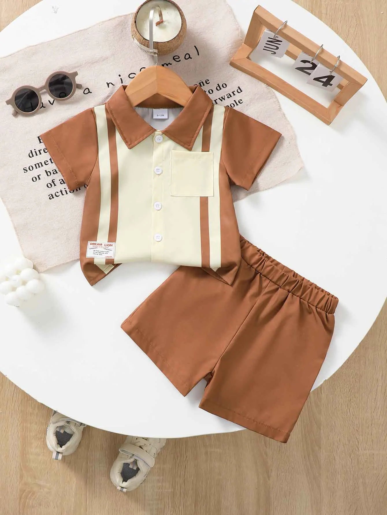2pcs Baby Boy Summer Striped Patchwork Color Block Collared Short Sleeve Shirt with Pocket Short Pants for Casual Outdoor