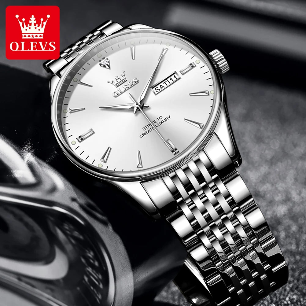 OLEVS 2929 Men Quartz Watch Original Waterproof Business Man Wristwatch Steel Strap Dual Calendar Luminous Fashion Watch For Men
