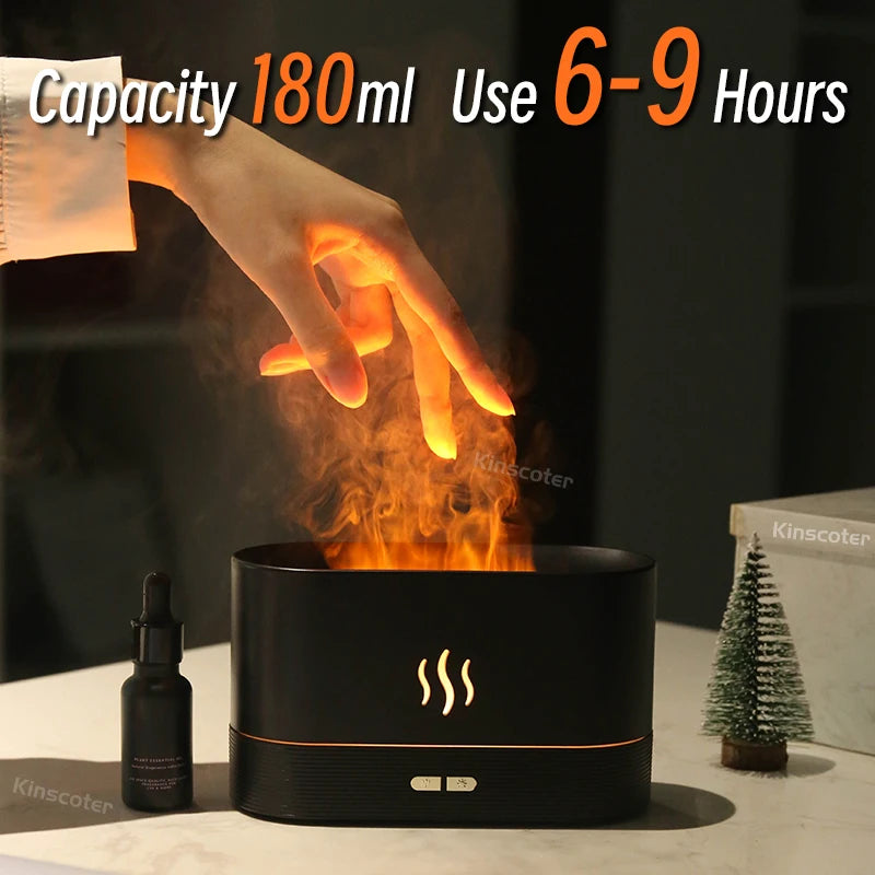 USB Desktop Flame Aroma Diffuser Humidifier 7 Colors Simulation Light Aromatherapy Air Purifier for Bedroom/Essential oil set