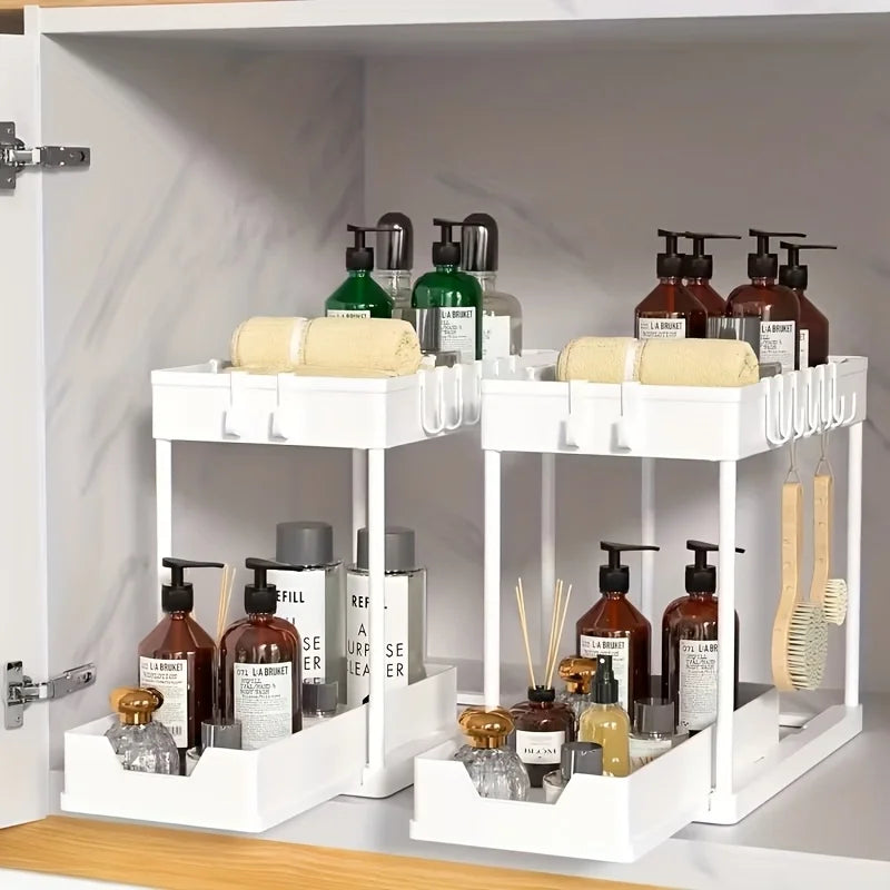 Multi Function Pull Out Under Sink Organizer 2 Tier Slide Out Storage Basket with Hooks Storage Cups for Kitchen Bathroom Home