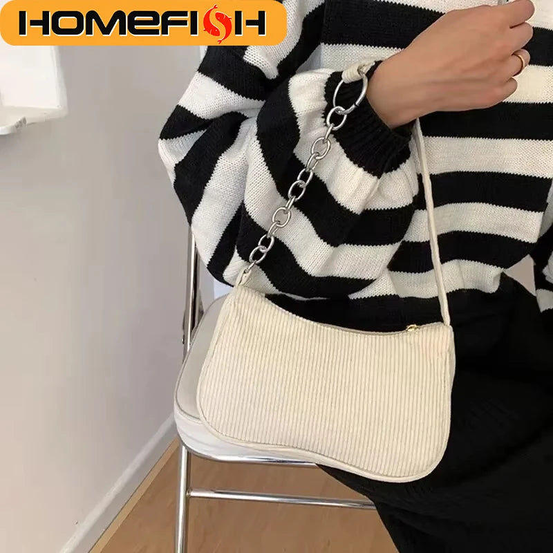 Fashion Vintage Women Handbags Corduroy Underarm Bag Casual Women Shoulder Bags Solid Color Zipper Female Handbag